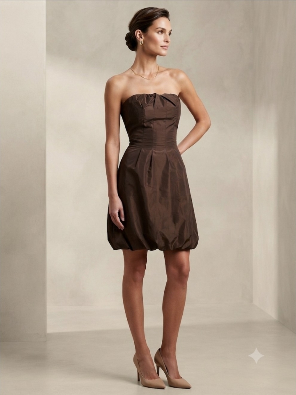 RW&CO. Strapless Bubble Hem Dress in Brown